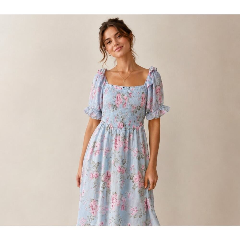 Scarlet Darkness Floral Dress Midi Puff Sleeve Party Tea Blue Medium